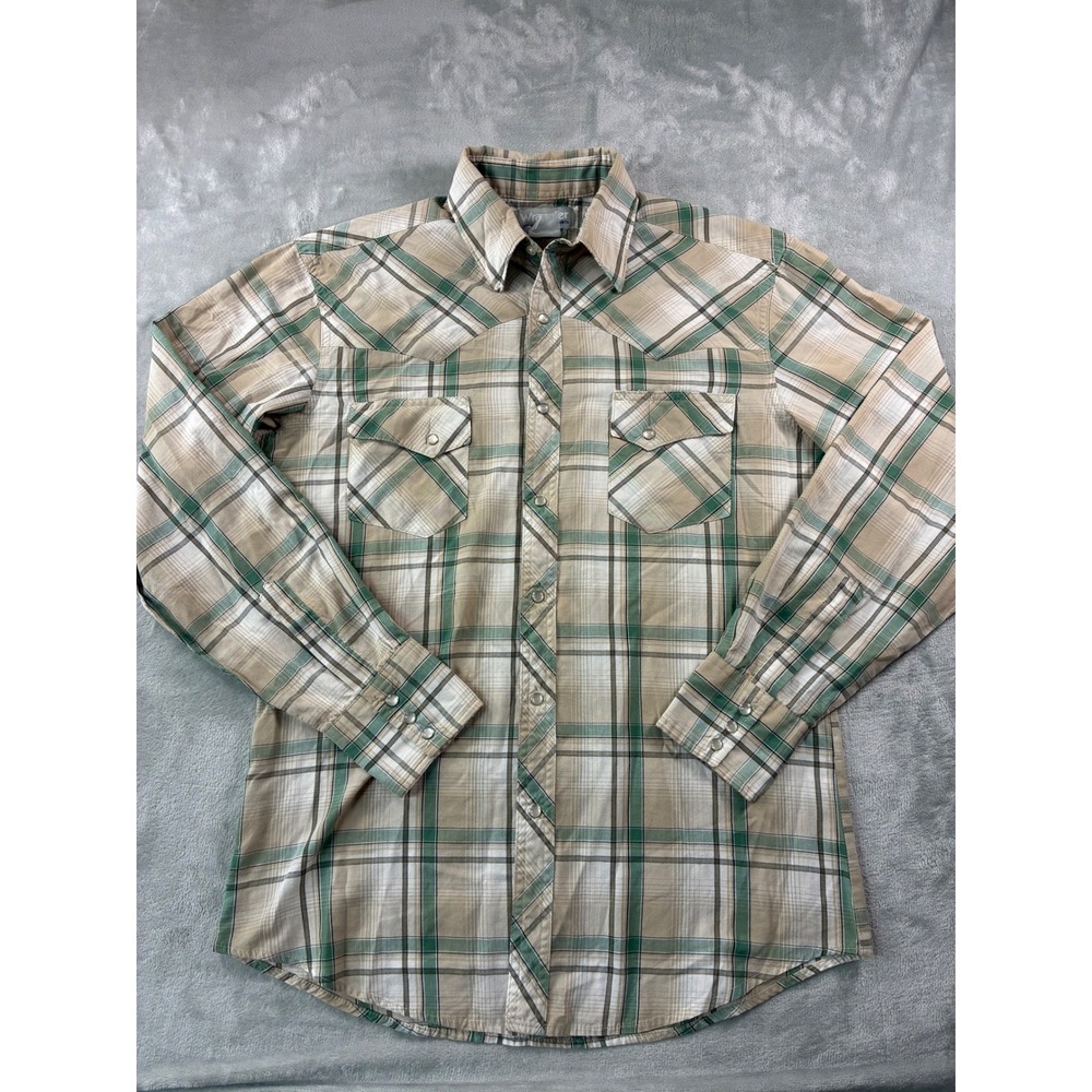 Wrangler Wrancher Mens Western Shirt Green Tan Plaid Pearl Snap Long Sleeve M